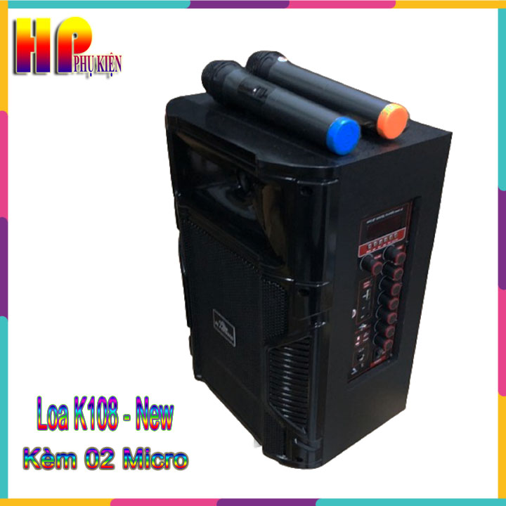 Loa kéo hát karaoke k108 new 2024 tặng kèm 2 micro không dây