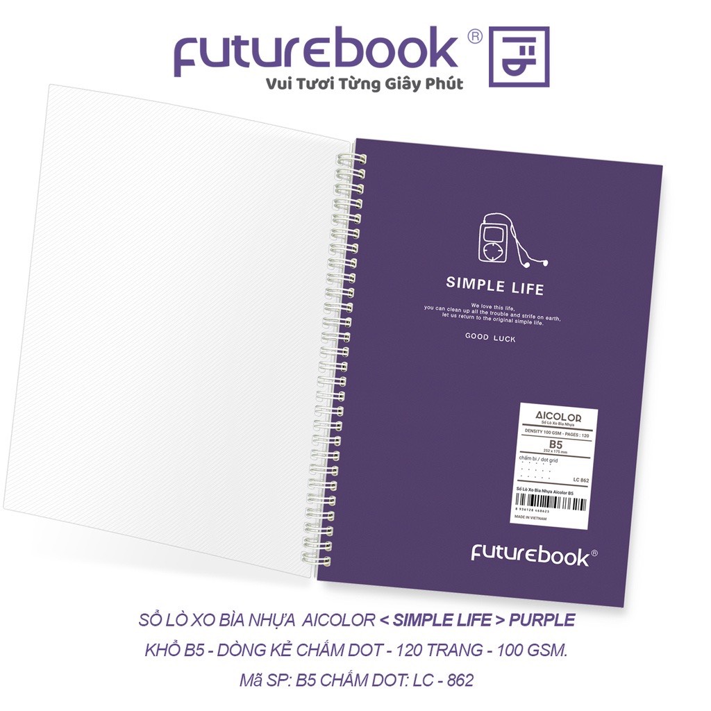 Sổ Lò Xo Bìa Nhựa Aicolor B5 Chấm Dot 120 Trang 100 GSM. VPP FUTUREBOOK. MSP: LC862. Giao mẫu ngẫu nhiên.