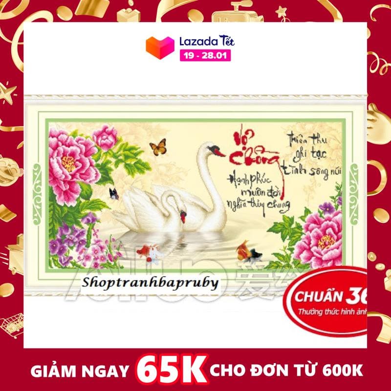 Tranh thêu Vợ Chồng- Thiên thu ghi tạc tình sông núi, Hạnh phúc muôn đời Nghĩa thủy chung  53376 kích thước 94 x 52 cm