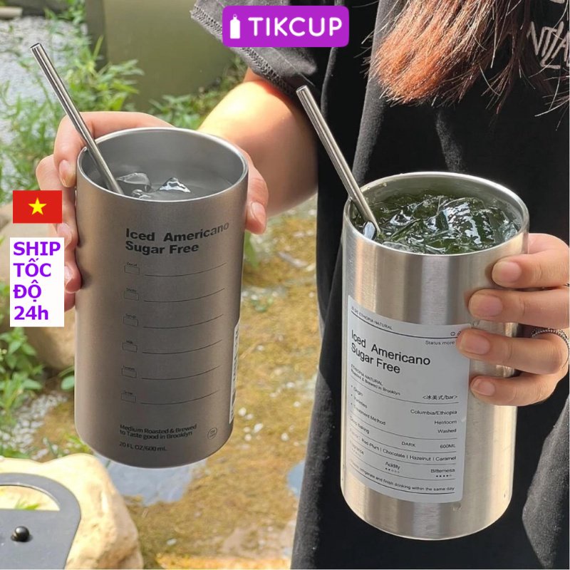Bình đựng nước giữ nhiệt Iced Americano có ống hút dung tích 600ml, Ly cốc giữ nhiệt cute uống cà phê dùng văn phòng