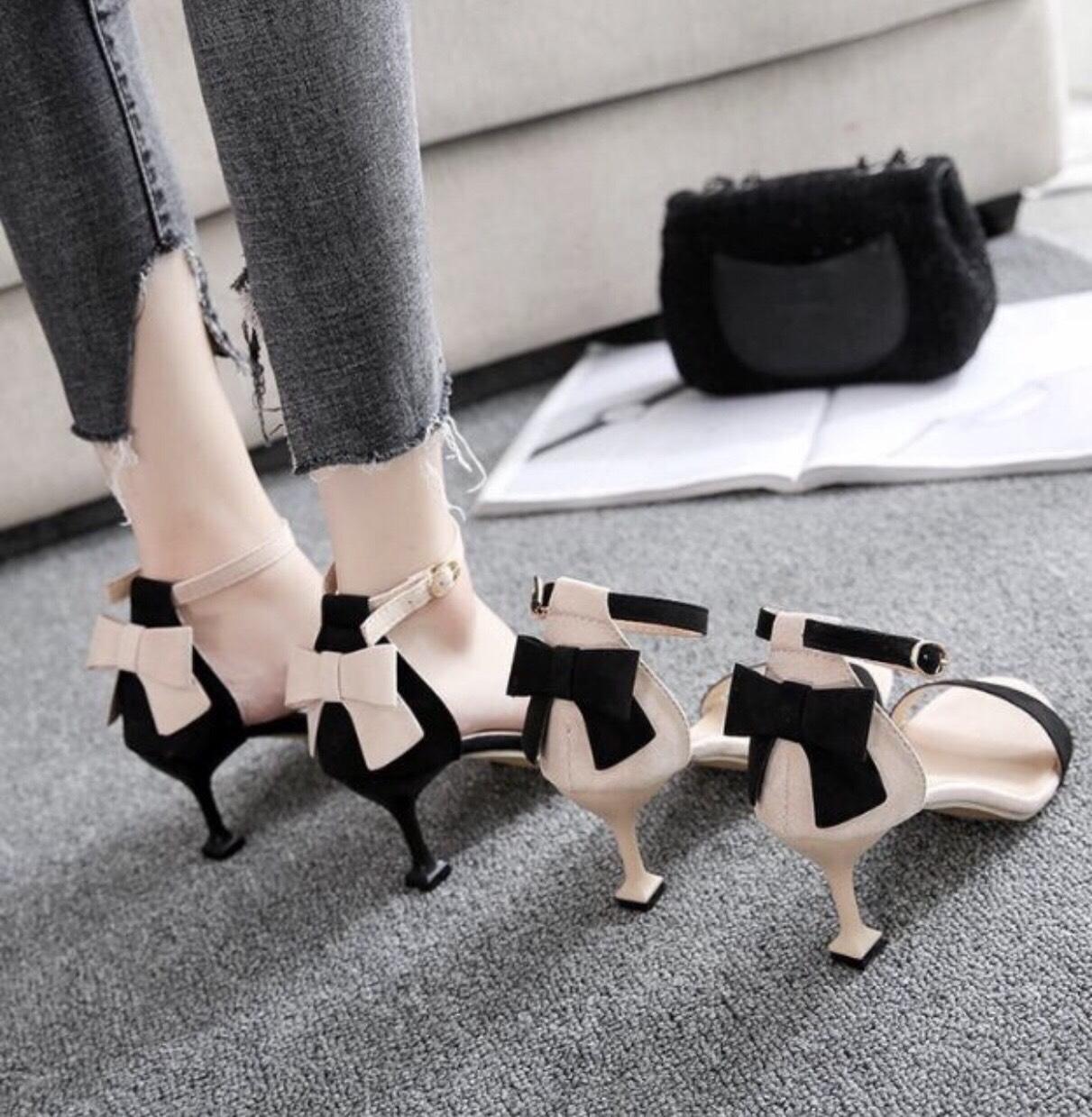 Giày Cao Gót 7p Quai Mãnh Gót Gắn Nơ