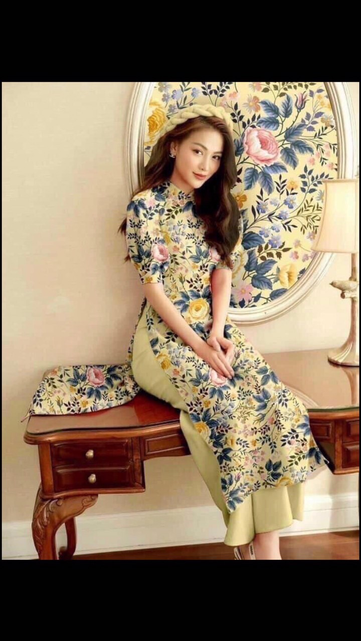 (Single Size Available) Modernized Yellow Brocade Ao Dai with Stylized Puffy Sleeves