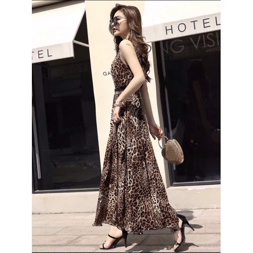 Đầm maxi beo cổ trụ sát nách kèm nịt thời trang