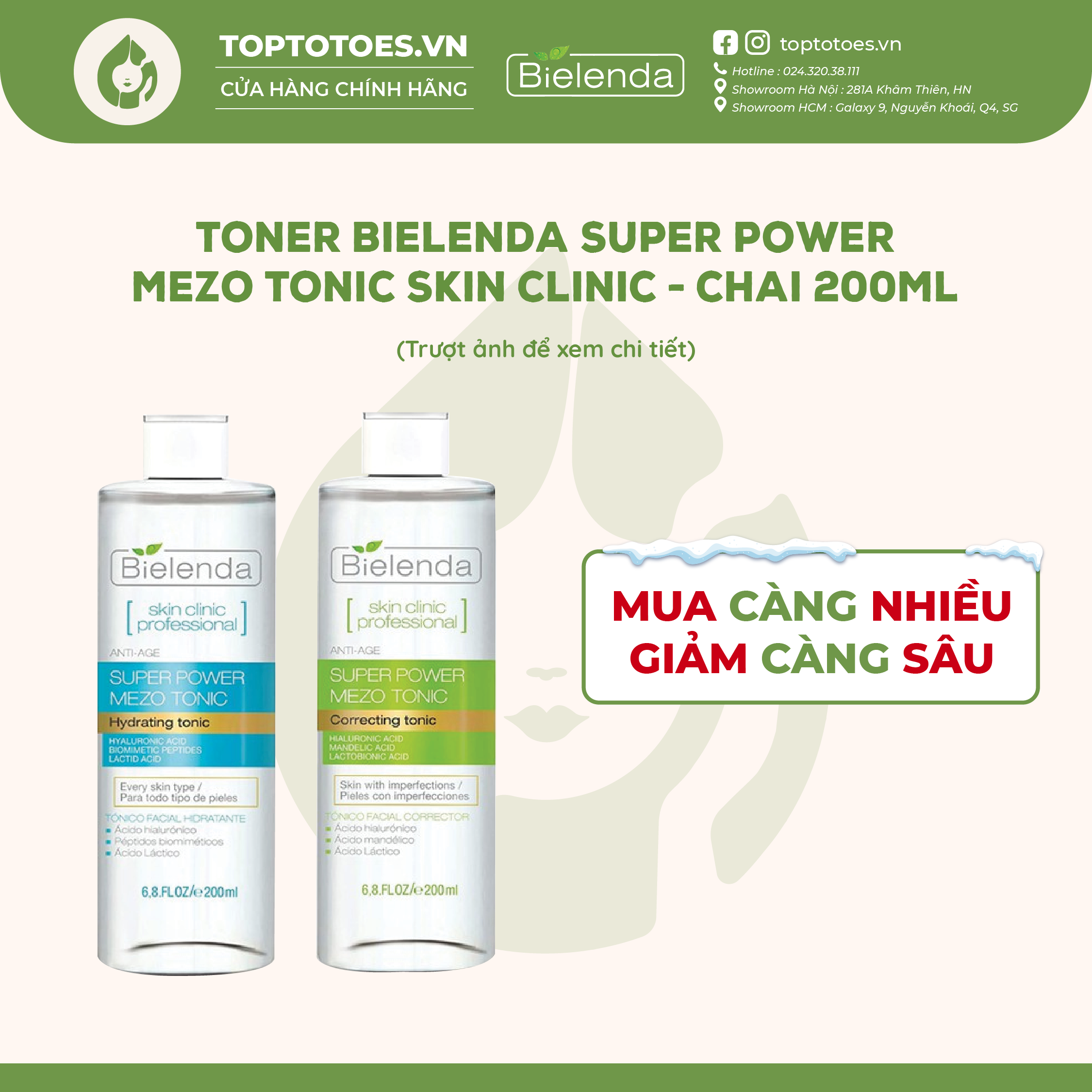 Toner Bielenda Super Power Mezo Tonic Skin Clinic Correcting làm căng bóng mờ thâm/ Moisturizing cấp nước dưỡng ẩm