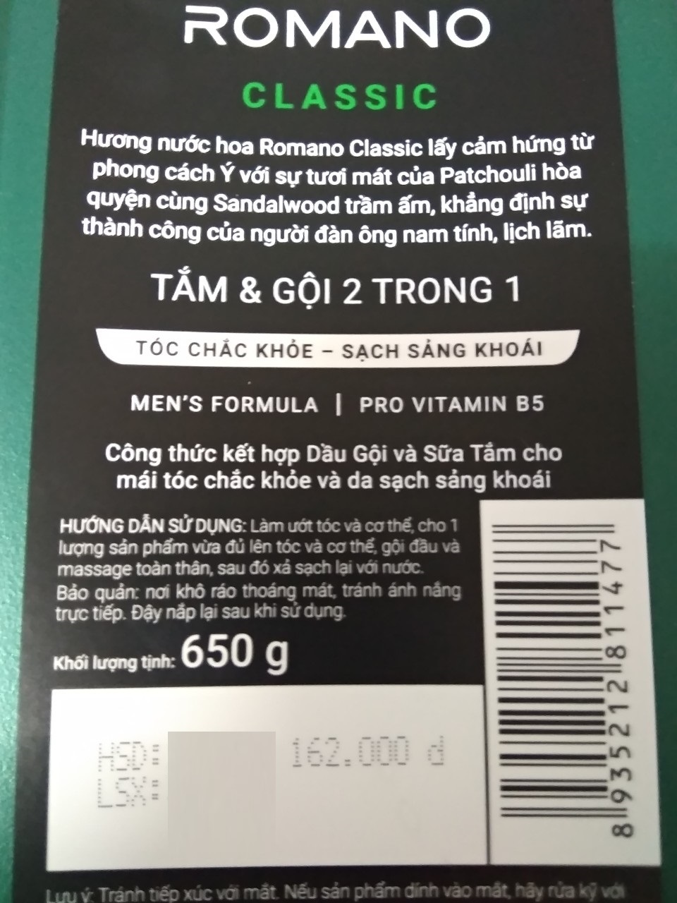 [HCM]Romano - Tắm gội 2 trong 1 Classic 650 gr