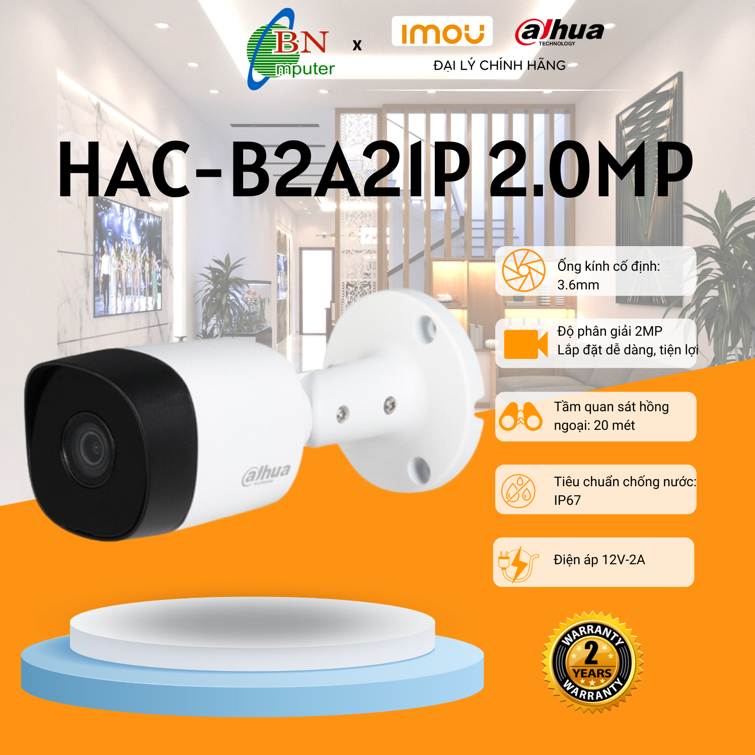 Camera hdcvi dahua thân sắt b2a21p 2.0megapixels, bảo hành 24 tháng