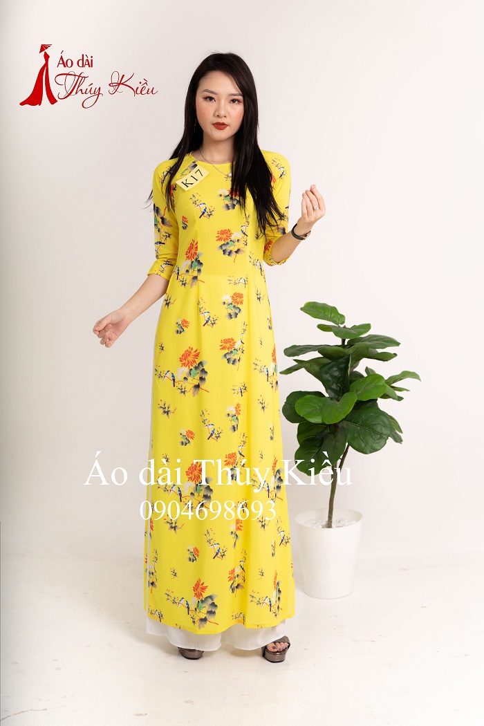 Áo dài nữ truyền thống thiết kế may sẵn tết cách tân nữ nền vàng hoa cúc K17 Thúy Kiều mềm mại co giãn áo dài giá rẻ