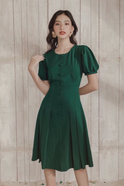 Đầm xanh lính cổ tròn