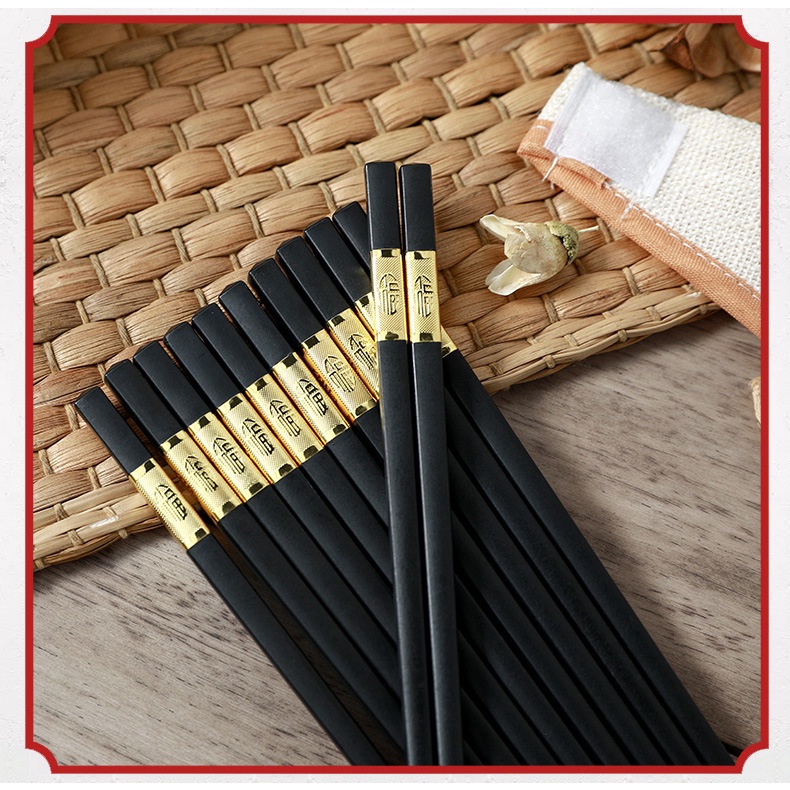 combo 10 đôi Đũa Nhựa Màu Đen IN Tem Vàng