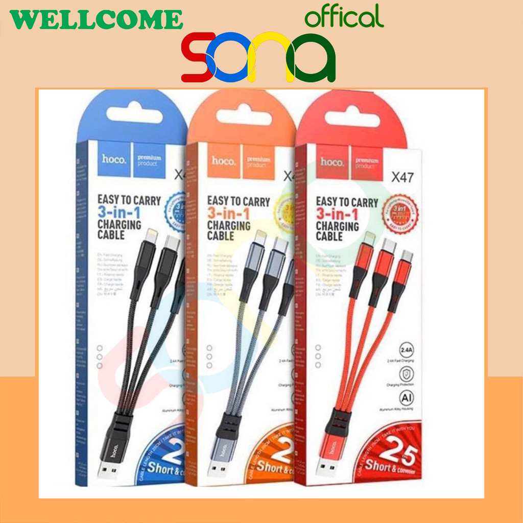 Dây sạc 3 đầu, ba đầu X47 HOCO dài 25cm - Sona offical