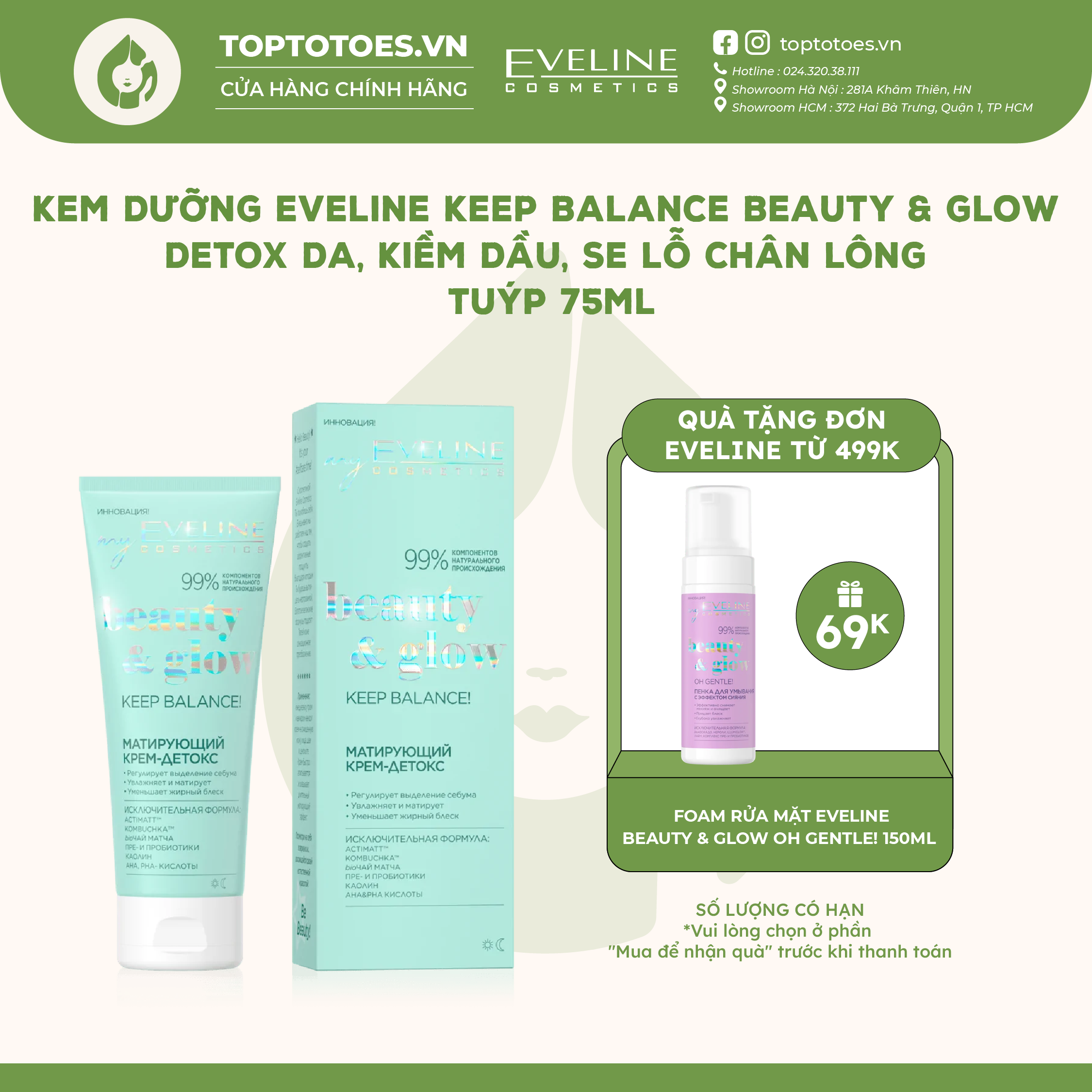 Kem dưỡng Eveline Keep Balance Beauty & Glow Detox da kiềm dầu se lỗ chân lông với AHA BHA và Niacinamide