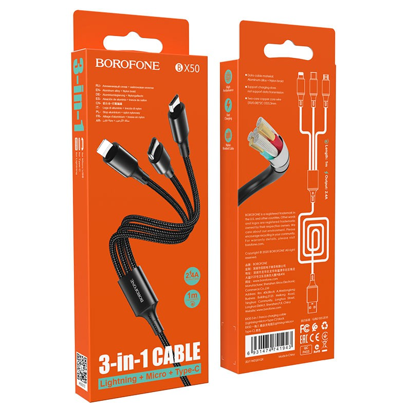 Cáp sạc 3 đầu ip/ Micro/ typeC Borofone BX50 Fresco dài 1m, max 2.4A