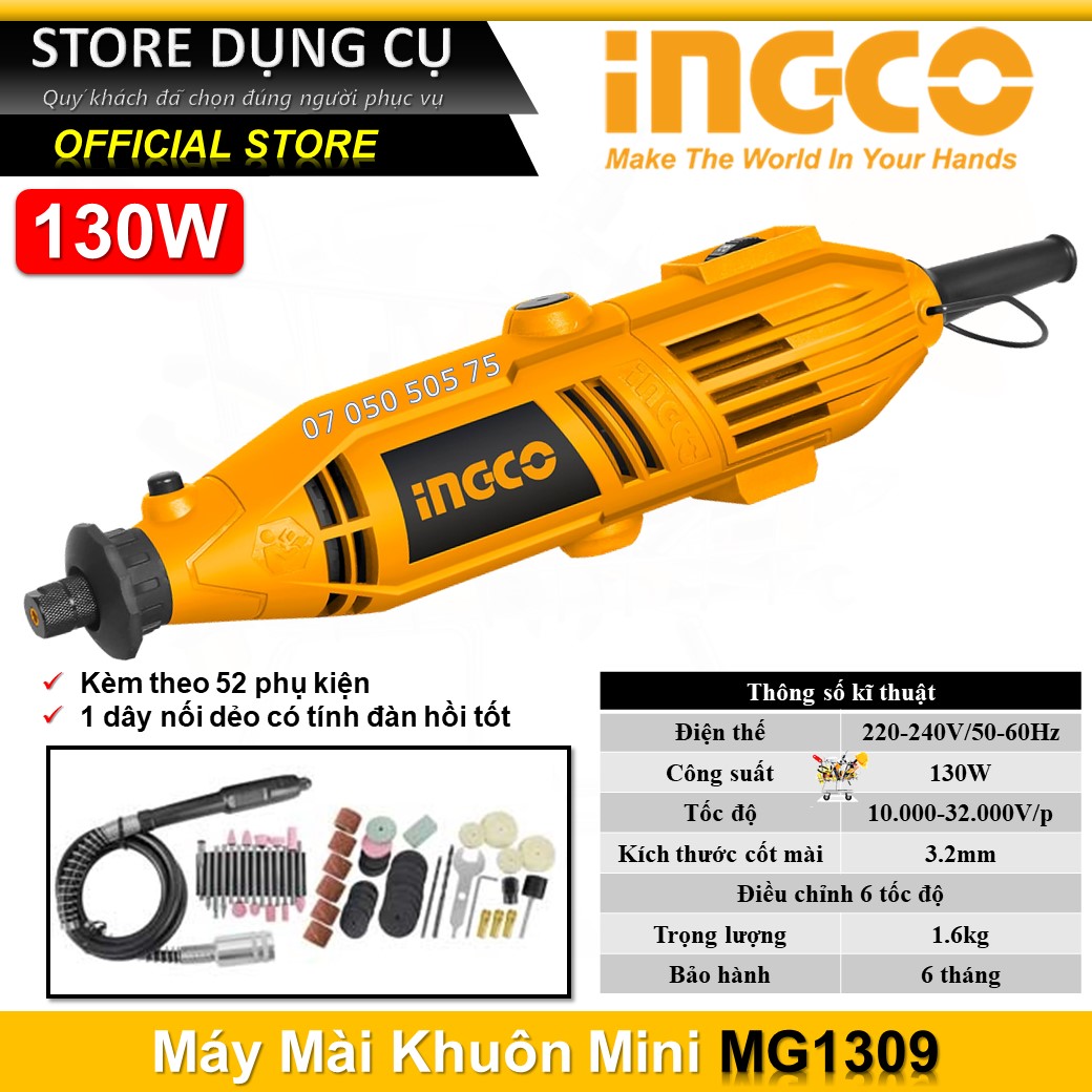 Máy mài khuôn cầm tay mini INGCO MG1309, bộ máy mài, khắc, khoan mini cốt 3.2mm tặng kèm 52 phụ kiện và dây nối đàn hồi
