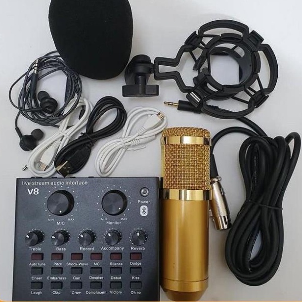 Mic Livestream | Micro thu âm Sound Card V8 + Mic BM900 Hát Livestream Điện Thoại Chuyên Nghiệp, Monkey Studio