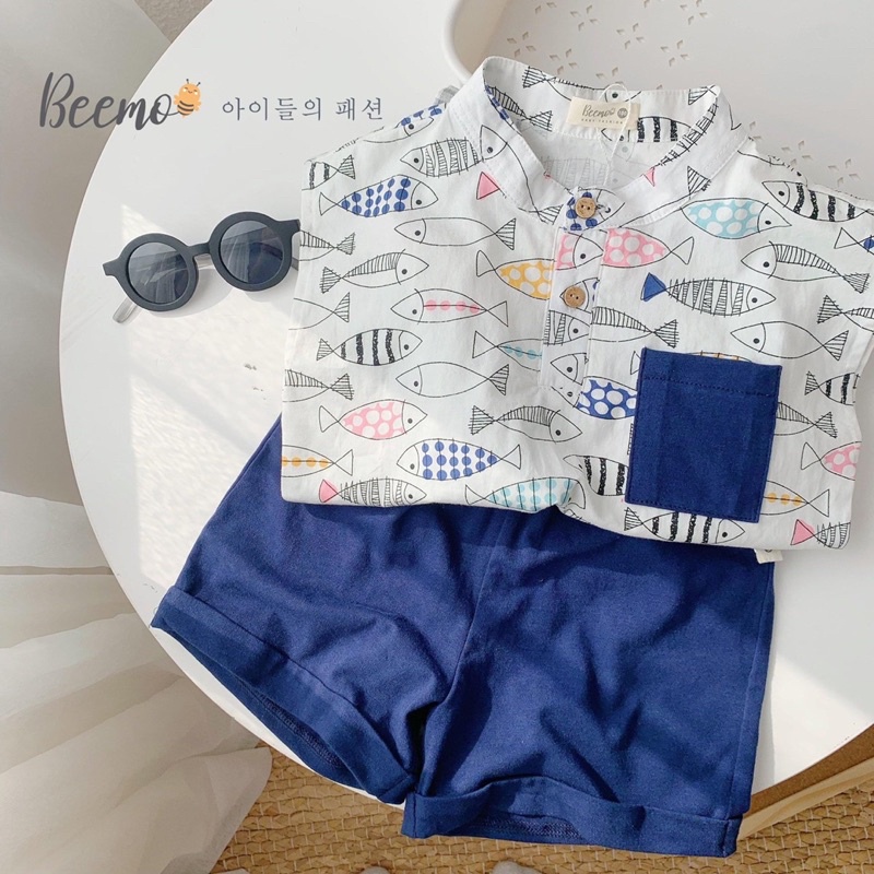 [Hàng Có Sẵn] Thời Trang Beemo Cho Bé - Set Bộ Sơ Mi Hình Cá Cho Bé (8-23kg)