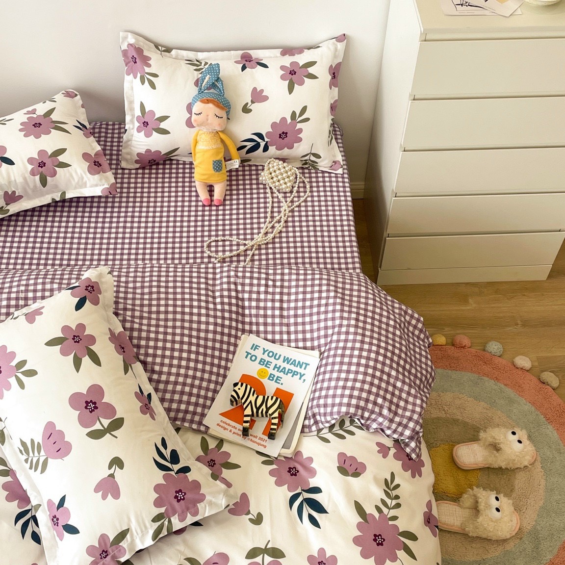 Bộ Chăn Ga Gối Cotton Poly - Hoa Tím ( 1 Drap + 2 Vỏ Gối Nằm + 1 Vỏ Chăn ) Tiệm Nhà Cá
