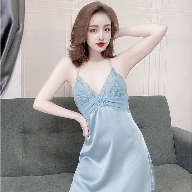 Váy ngủ lụa phối ren ngực, đầm hai dây mặc ở nhà.