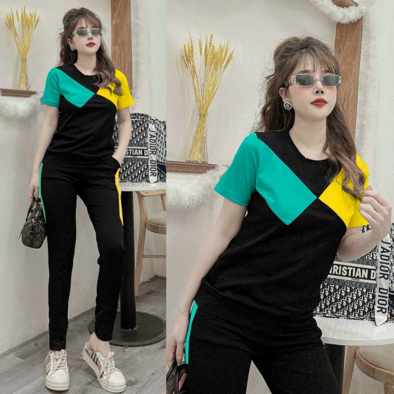 Đồ bộ thun cotton nữ thể thao phối màu thời trang