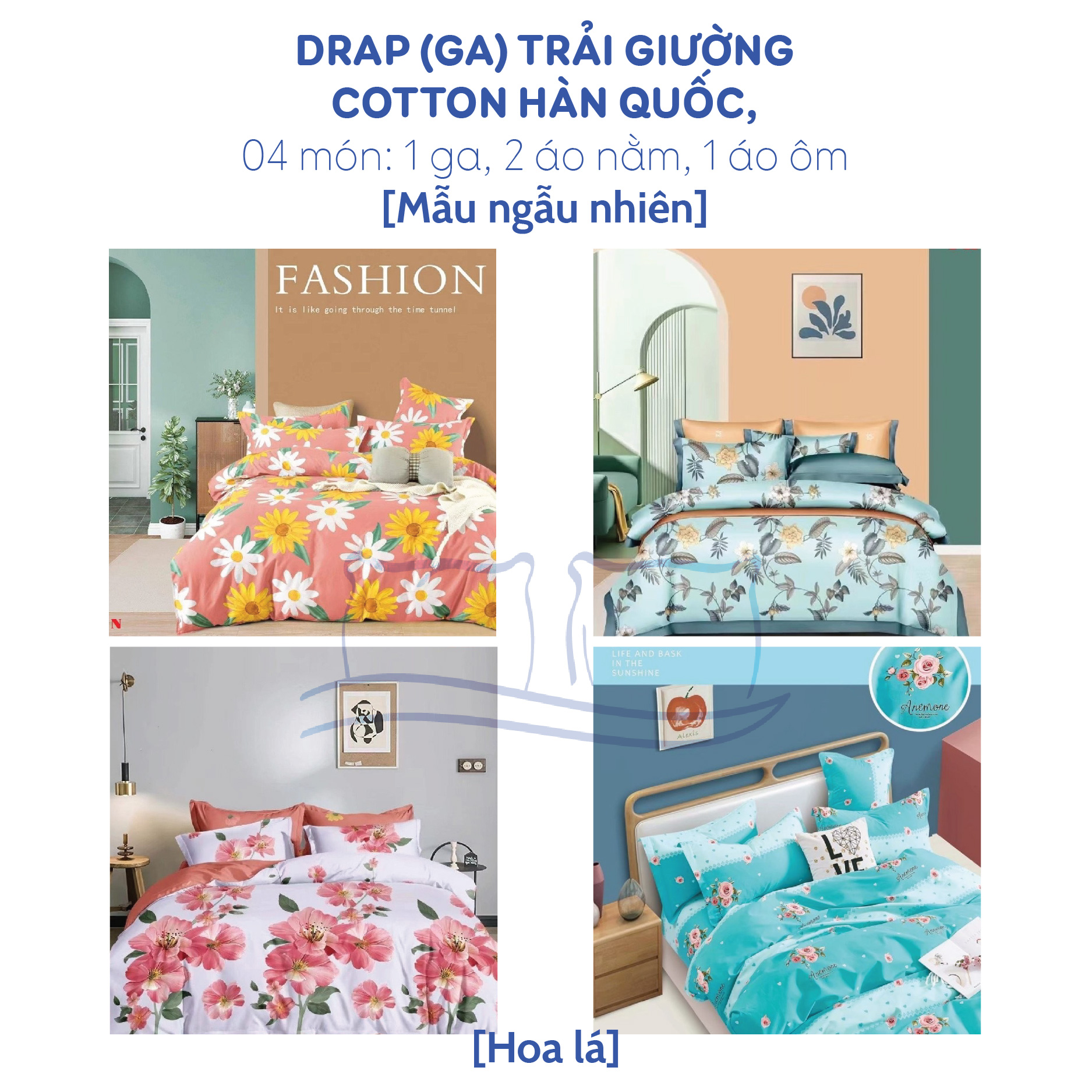 Drap cotton Hàn [Mẫu ngẫu nhiên] combo 4 món. (1 ga, 1 áo ôm, 2 áo nằm) không pha polly.
