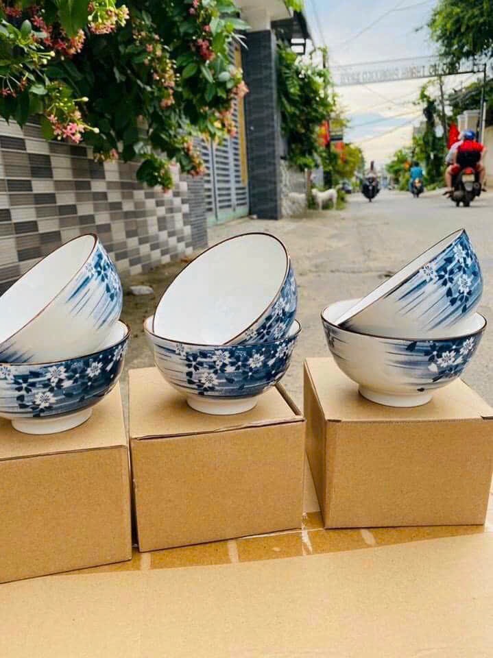Bộ 10 chén sứ ăn cơm - bộ chén màu xanh trắng ( giao màu ngẫu nhiên )