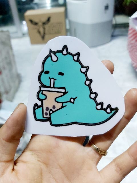Combo 2 Tem Sticker Decal Khủng Long Uống Trà Sữa Siêu Cute
