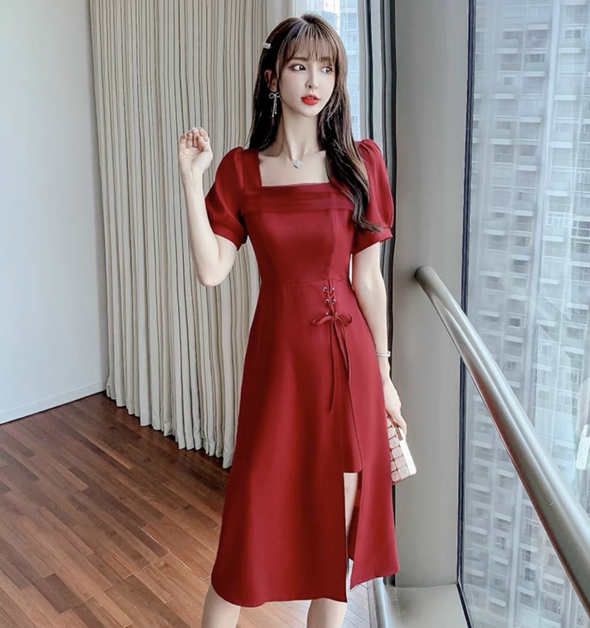 Đầm cổ vuông tùng đan dây 2 màu