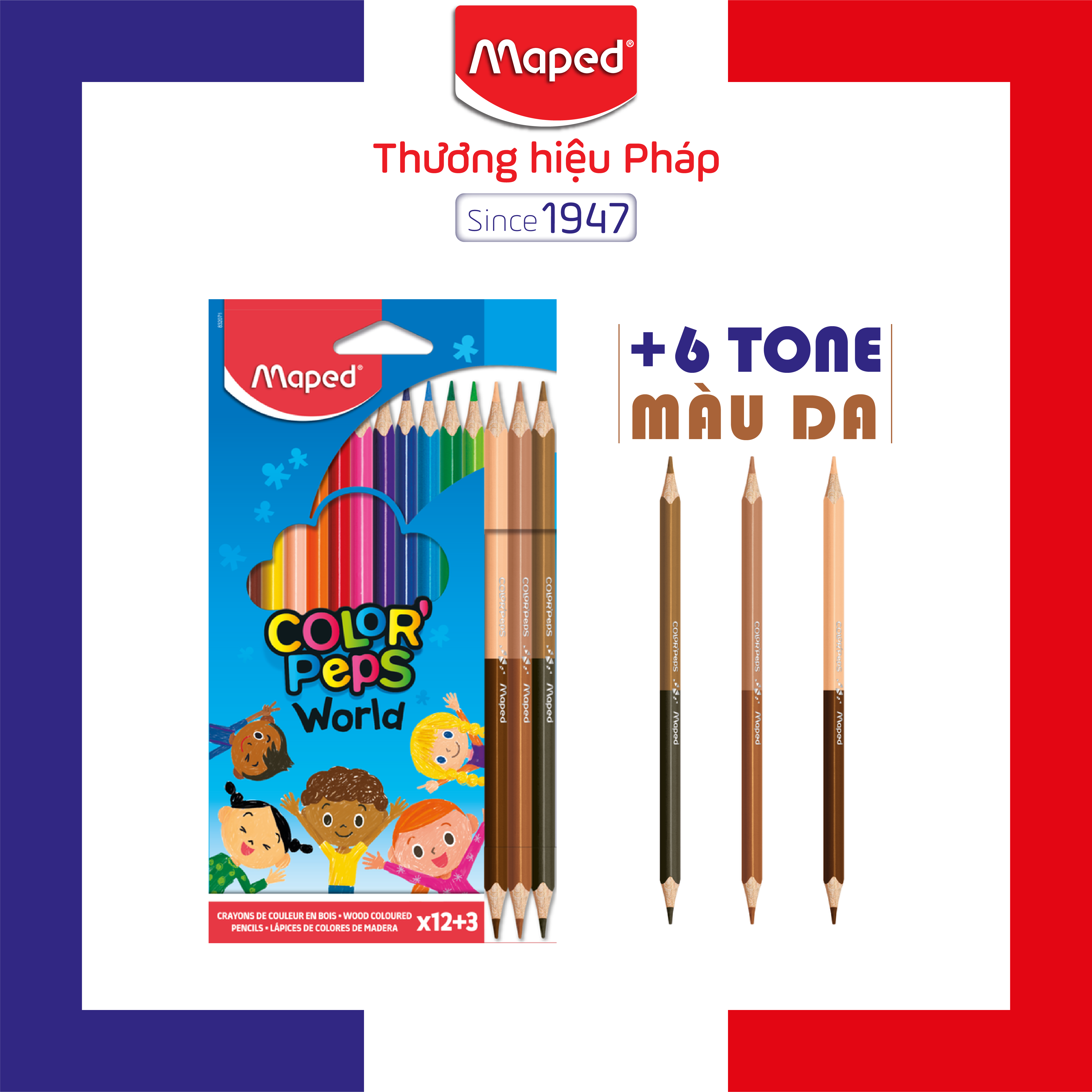 MAPED - Chì màu Color'Peps 18 màu (12 màu cơ bản +3 chì 2 đầu 6 tone màu da)