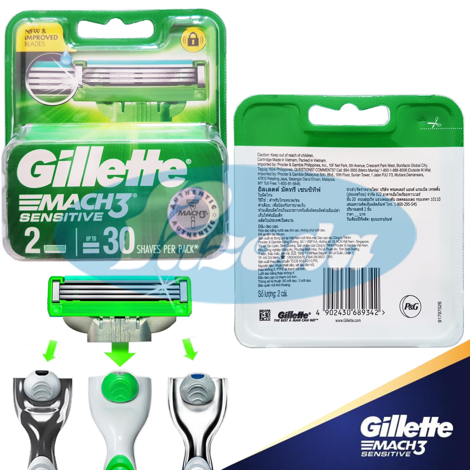 Box of 2 Gillette Mach3 Sensitive Razor Blades (3 Dual-Blade Shaving Heads)