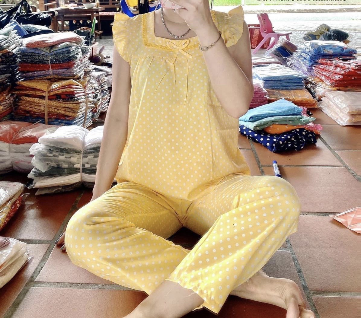 Set đồ nữ chấm bi tay cánh tiên siêu dễ thương Size M.XXL