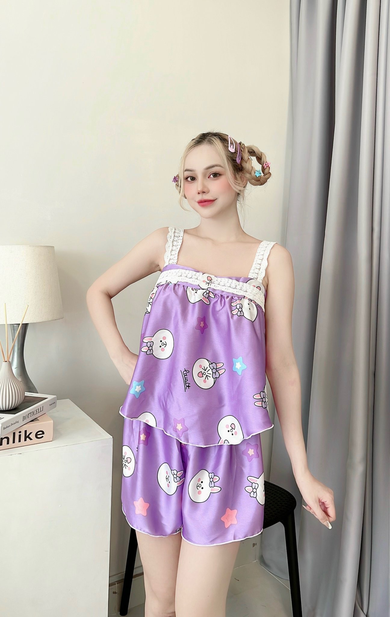 Set bộ Pijama Áo 2 dây quần đùi lụa Satin Đồ mặc nhà họa tiết hoa xinh tiểu thư one size 57kg
