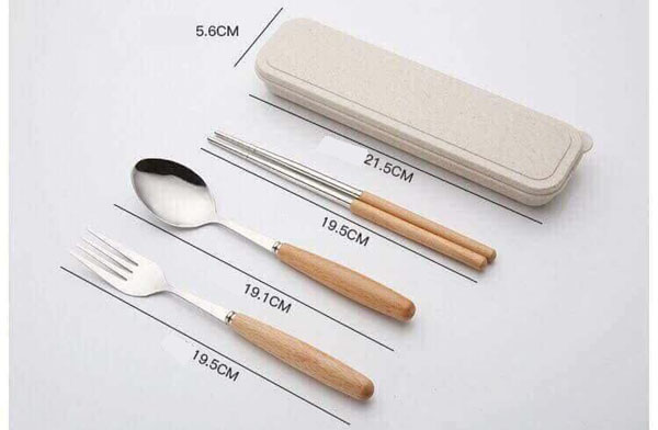 Bộ đũa thìa dĩa inox chuôi gỗ chống gỉ chống trơn - Bộ muỗng thìa nĩa văn phòng tặng hộp cao cấp - muỗng thìa nĩa cá nhân cho picnic, du lịch tiện lợi