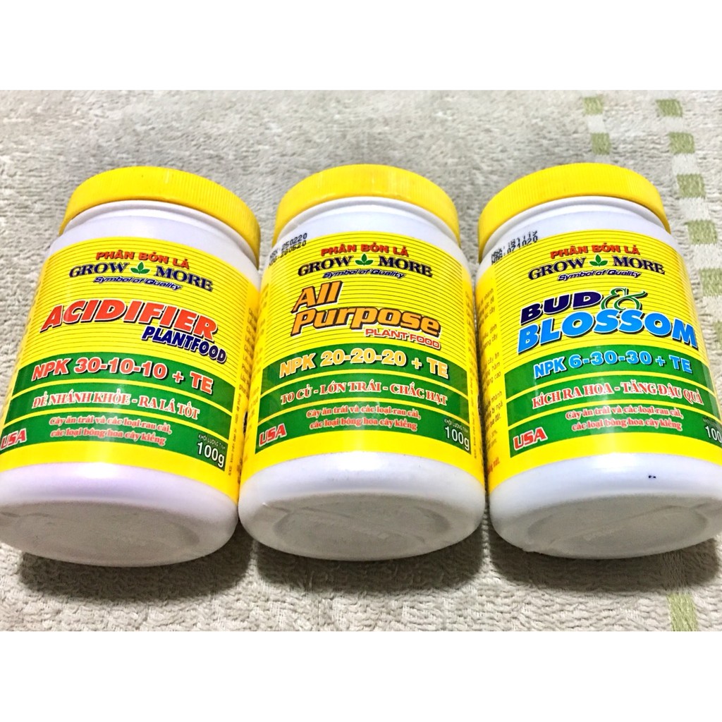 Phân Bón Cao Cấp ✔️✔️✔️ Phân Bón Lá Grow More NPK (30-10-10) - (6-30-30) - (20-20-20)- 100gr/hủ