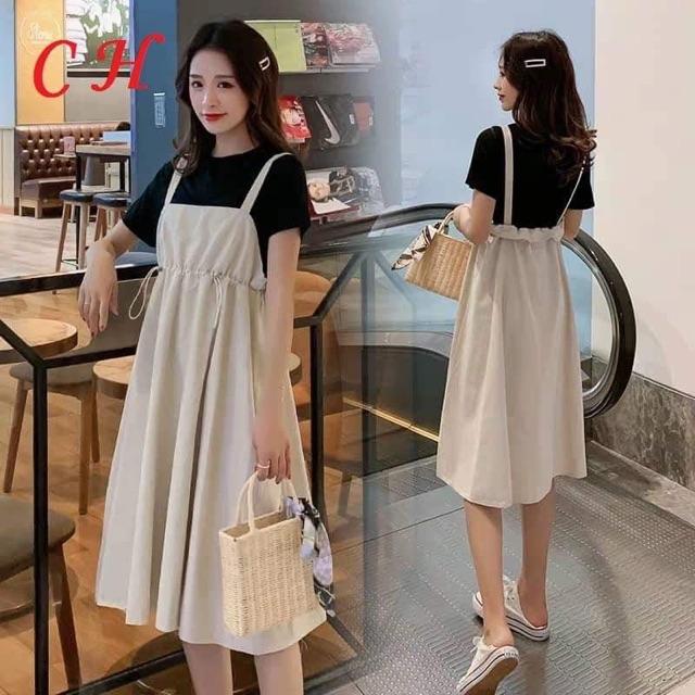 [HCM]Combo Yếm Váy Trơn 2 Dây Chun Eo Và Áo Thun Đen Ulzzang