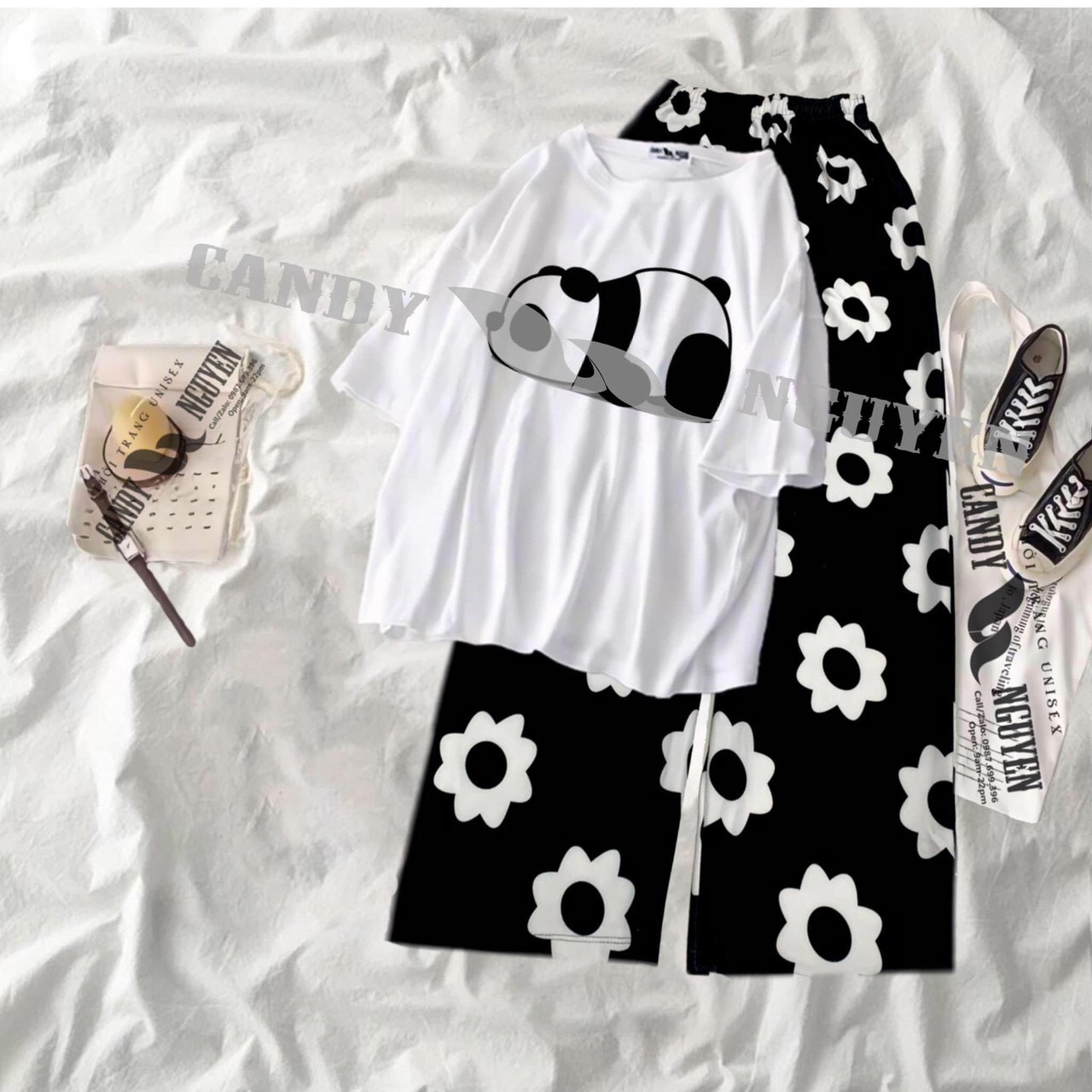 Sét Bộ Hoạt Hình 3D Cartoon Gấu Panda Lười Biếng + Quần Hoa Ống Rộng Phong Cách Hàn Quốc Xinh Xắn , Forn Rộng Thoải Mái , Thun Coton Mát Mẻ , Đồ Bộ Mặc Nhà Dễ Thương TTSLB0154