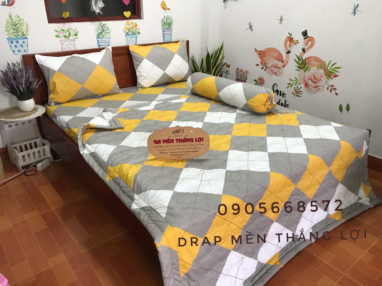 Bộ chăn ga coton Thắng Lợi kèm mền chần gòn 5 móm