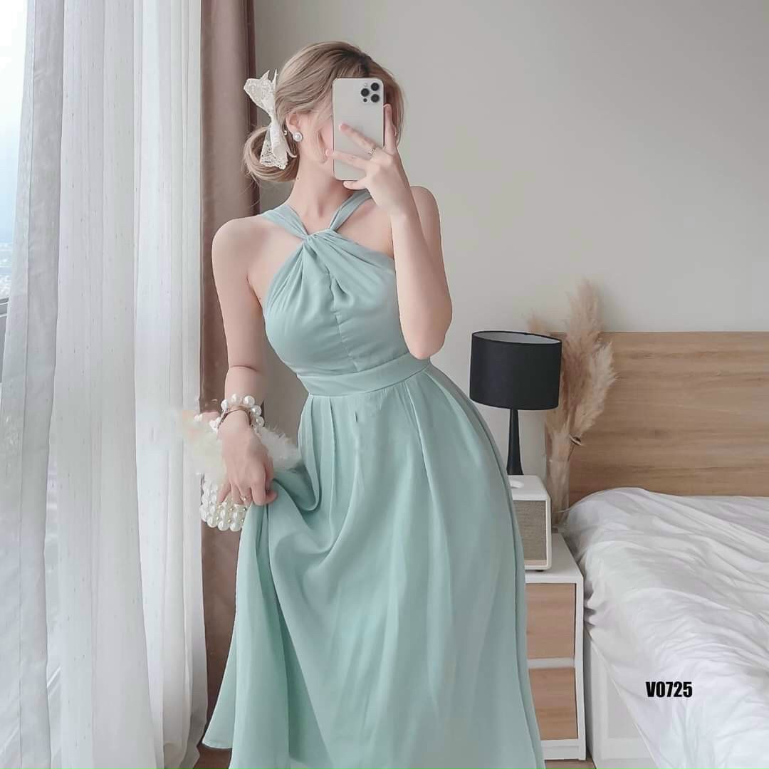 Đầm tiểu thư cổ yếm chất vải voan mềm mại đầm đi tiệc ôm eo dáng suông dài đầm basic Hàn Quốc nhẹ nhàng váy xòe cổ yếm vải lụa đầm mặc đi đám cưới đơn giản
