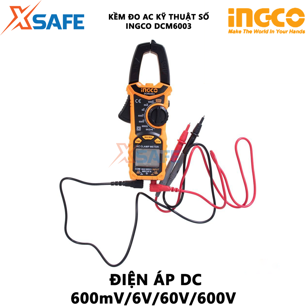 Ampe kìm đo AC kỹ thuật số INGCO DCM6003 | Đồng hồ đo điện AC / DC 6000 Đếm Dữ liệu Giữ Dòng điện AC 10mA ~ 400A/±(2,5% +5) 400A~600A±(3%+5), máy đo kẹp sử dụng để đo dòng điện, điện áp hoặc điện trở