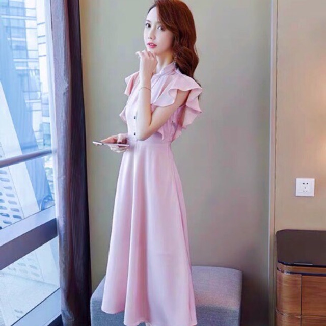 Đầm hồng cánh tiên nút đen