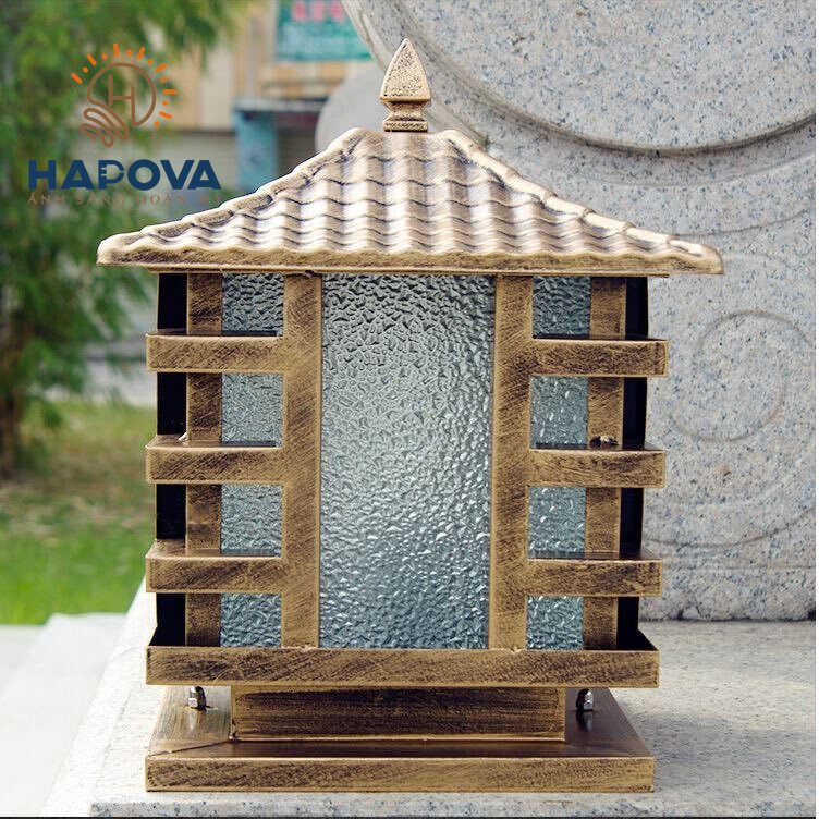 Đèn trụ cổng trang trí mái chùa cỡ 400mm HAPOVA RISIA 802 + Tặng kèm bóng led AS Vàng