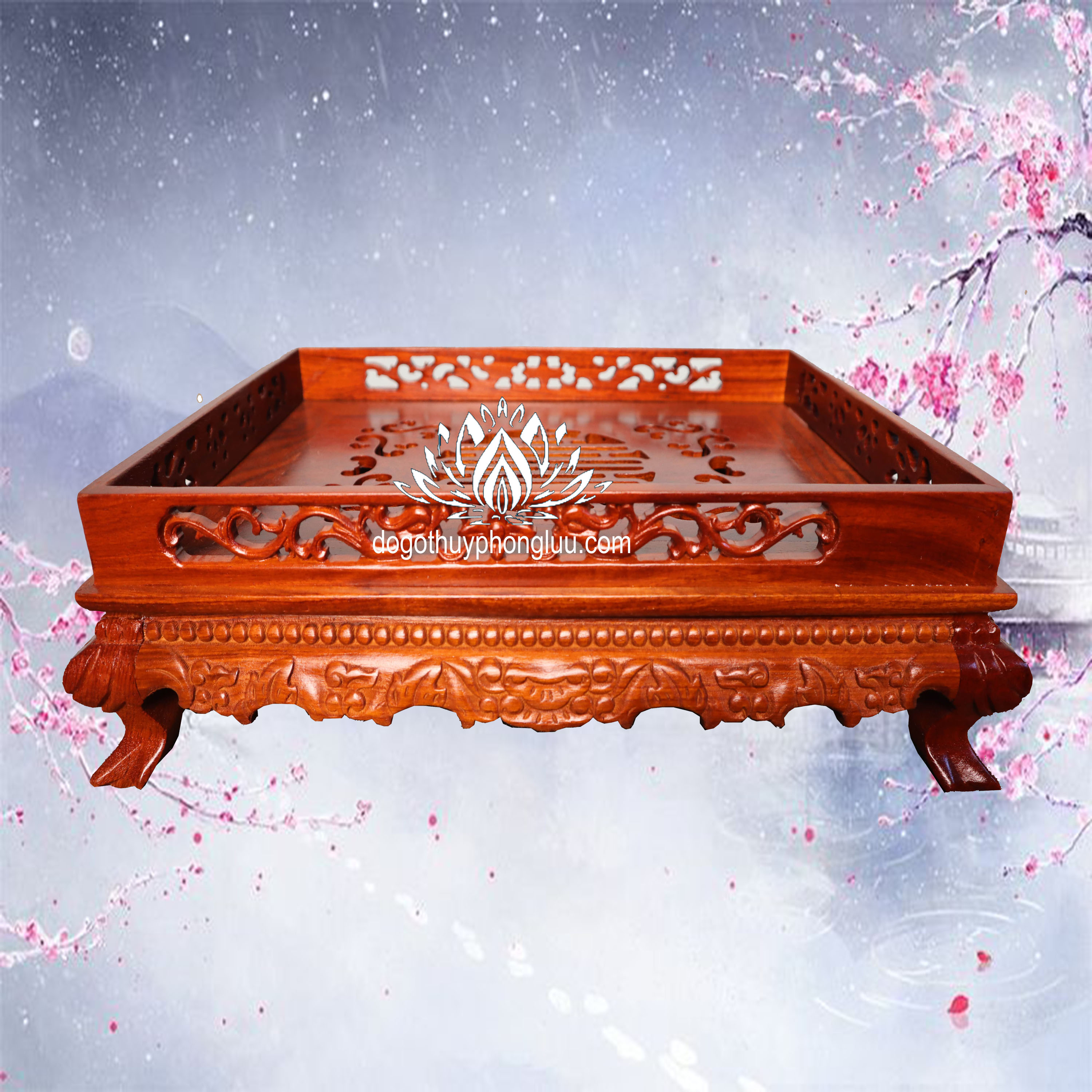 Khay trà chân qùy bằng gỗ hương khay trà rồng trầu gỗ