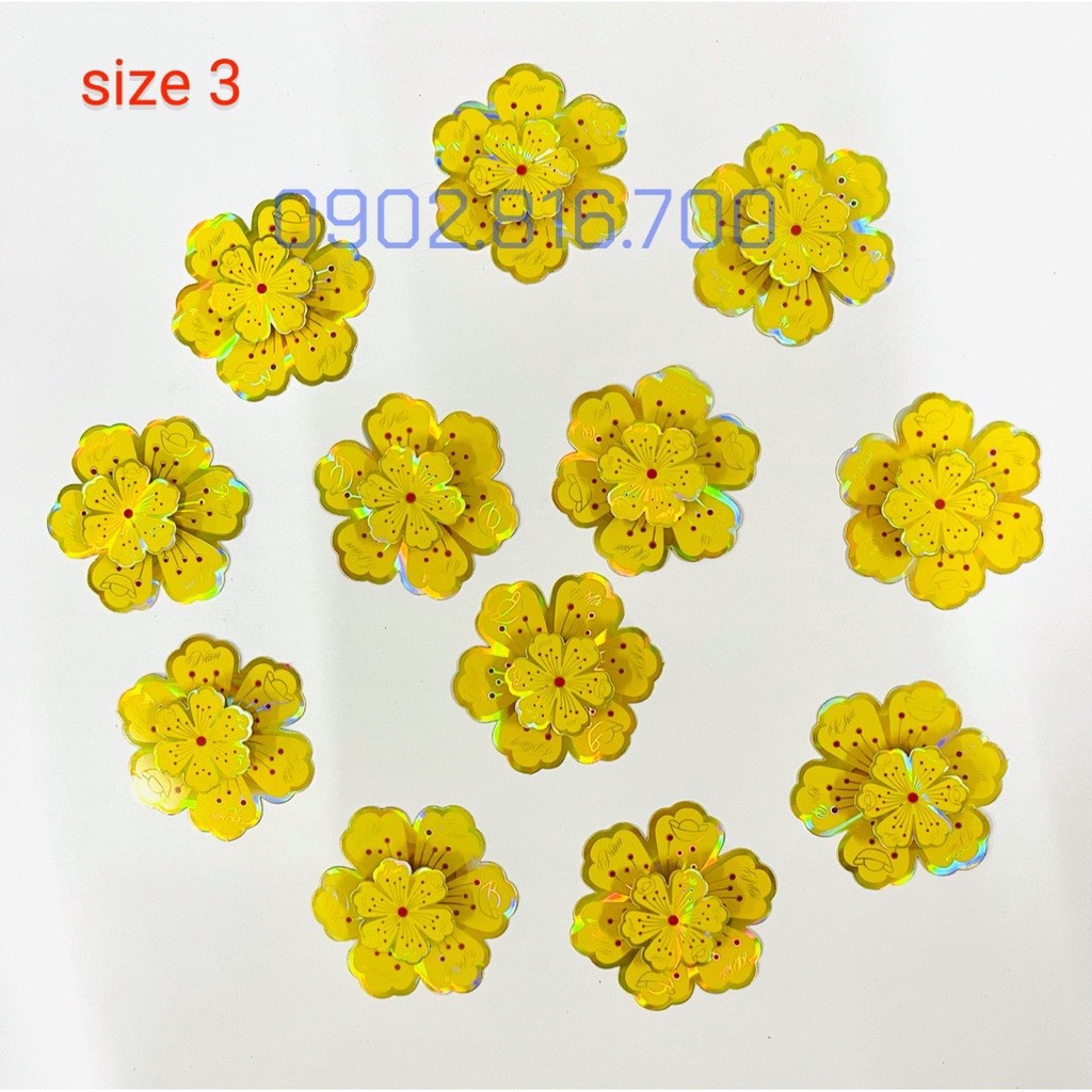 Bông mai giấy ánh kim 6 cánh 2 tầng đủ cỡ dán tường dán kiếng phụ kiện trang trí tết