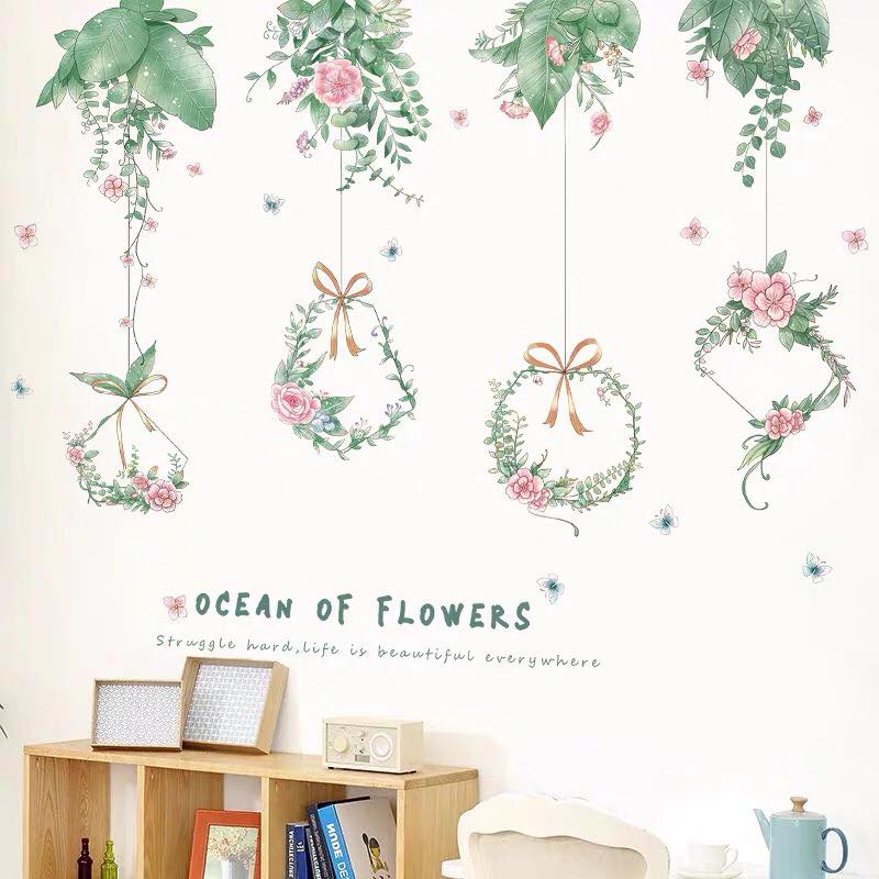 DECAL DÁN TƯỜNG LÁ GIỎ TREO HOA