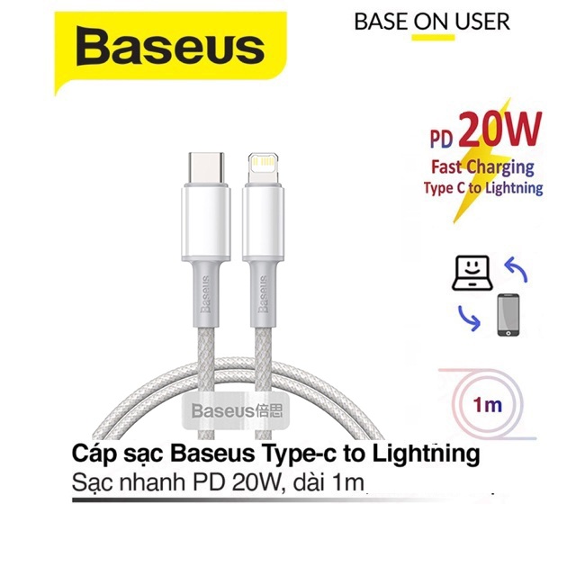 Cáp sạc nhanh PD20W Baseus chân Type-C sang Lightning dây bọc dù chắc chắn dài 1M cho iPhone/iPad