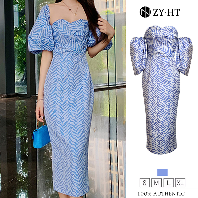 ZYHT eravogue Đầm nữ dự tiệc cưới đẹp váy đi tiệc cưới Đầm nữ Đầm Hàn Quốc Đầm thời trang Đầm mùa hè Đầm mới Đầm cổ tròn Đầm đường đơn Đầm kẻ sọc Đầm tay phồng 5173