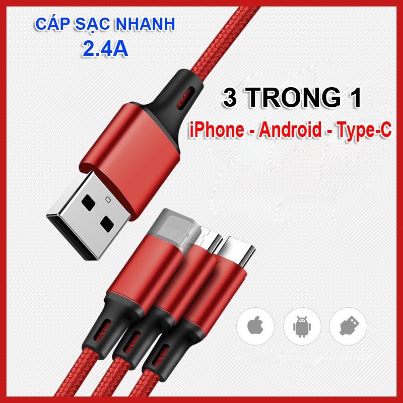Cáp Sạc 3 đầu NHÔM dây dù Táo Android TypeC (V9)