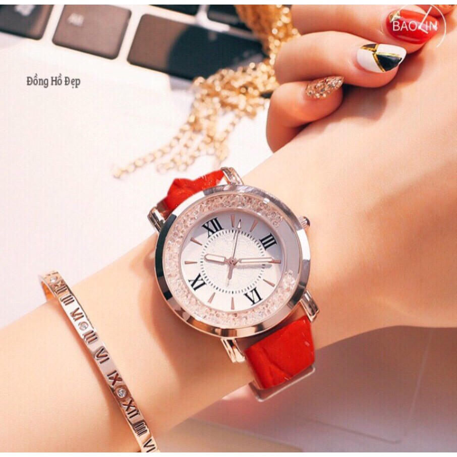 [Hcm]Đồng Hồ Nữ Dây Da Quart 093 Đá Xoay D61 Thời Trang Cực Đẹp