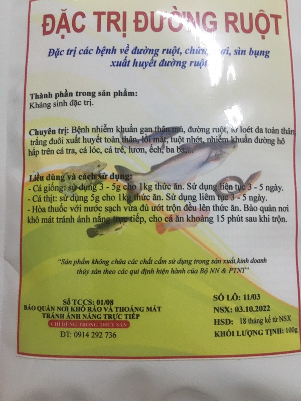 Đặc trị đường ruột cho lươn, cá, ếch,...
