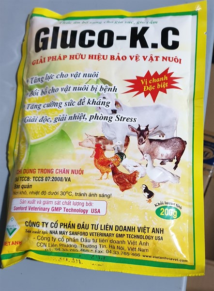 200G  GLUCO - K.C GIẢI NHIỆT, TĂNG SỨC ĐỀ KHÁNG, GIA SÚC GIA CẦM, HEO, TRÂU, BÒ, GÀ, VỊT, CHÓ, MÈO VẬT NUÔI GLUCO KC , GLUCOKC , GLUCO K+C  VIỆT ANH