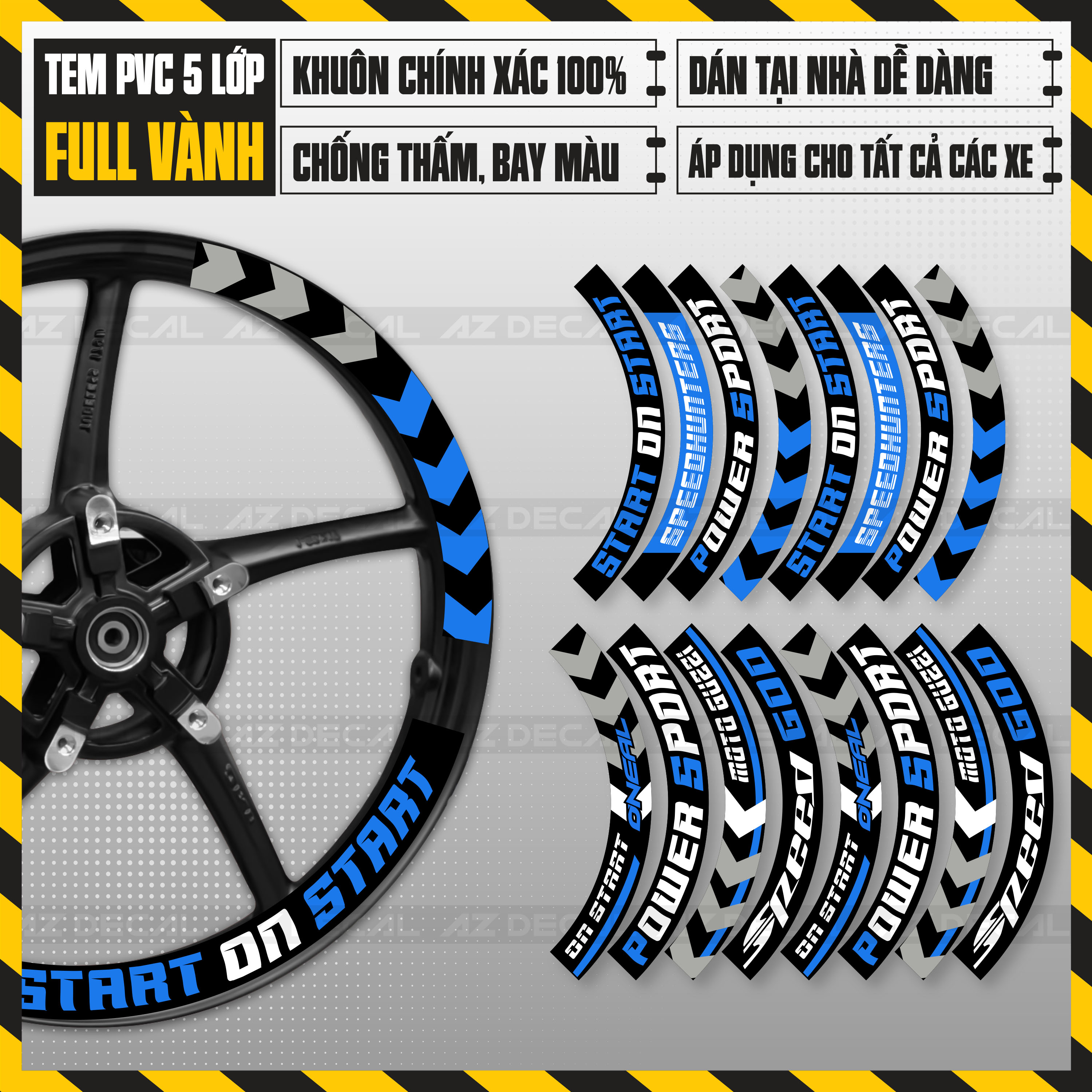 Tem Dán Vành Bản To Full 2 Bánh 16 Miếng Mẫu Power Sport | FullV01 | Chất Liệu Decal PVC Chống Nước, Dán Kín Mâm Xe
