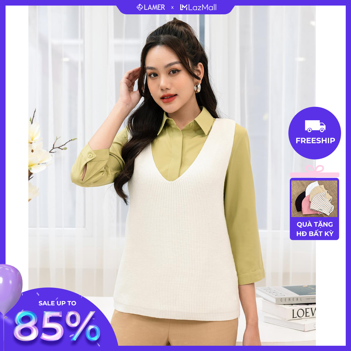Áo len nữ dáng gile cổ tim basic LAMER L61W22T033